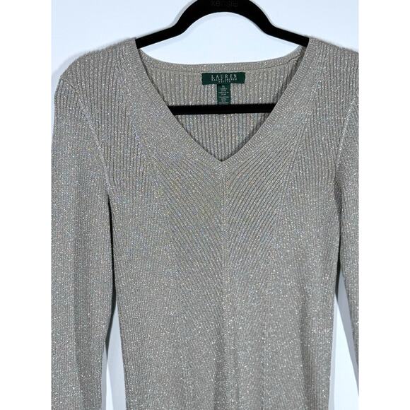 Ralph Lauren V-Neck Winter Preppy Long Sleeve Sweater Metallic Women SizeP/Large - Picture 1 of 8